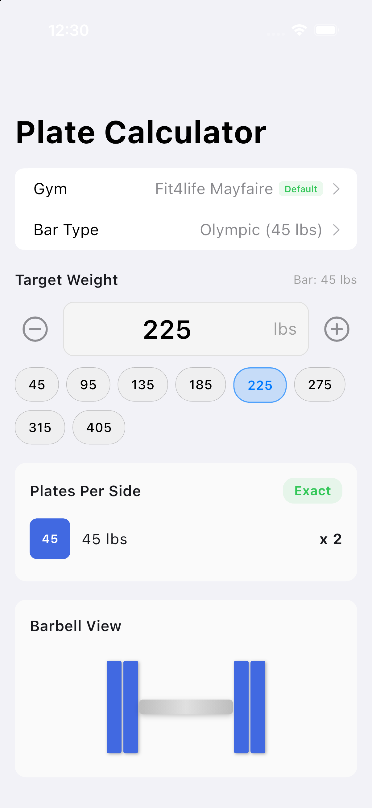 Plate calculator showing the plates to load per side of an Olympic barbell for a 225 pound target