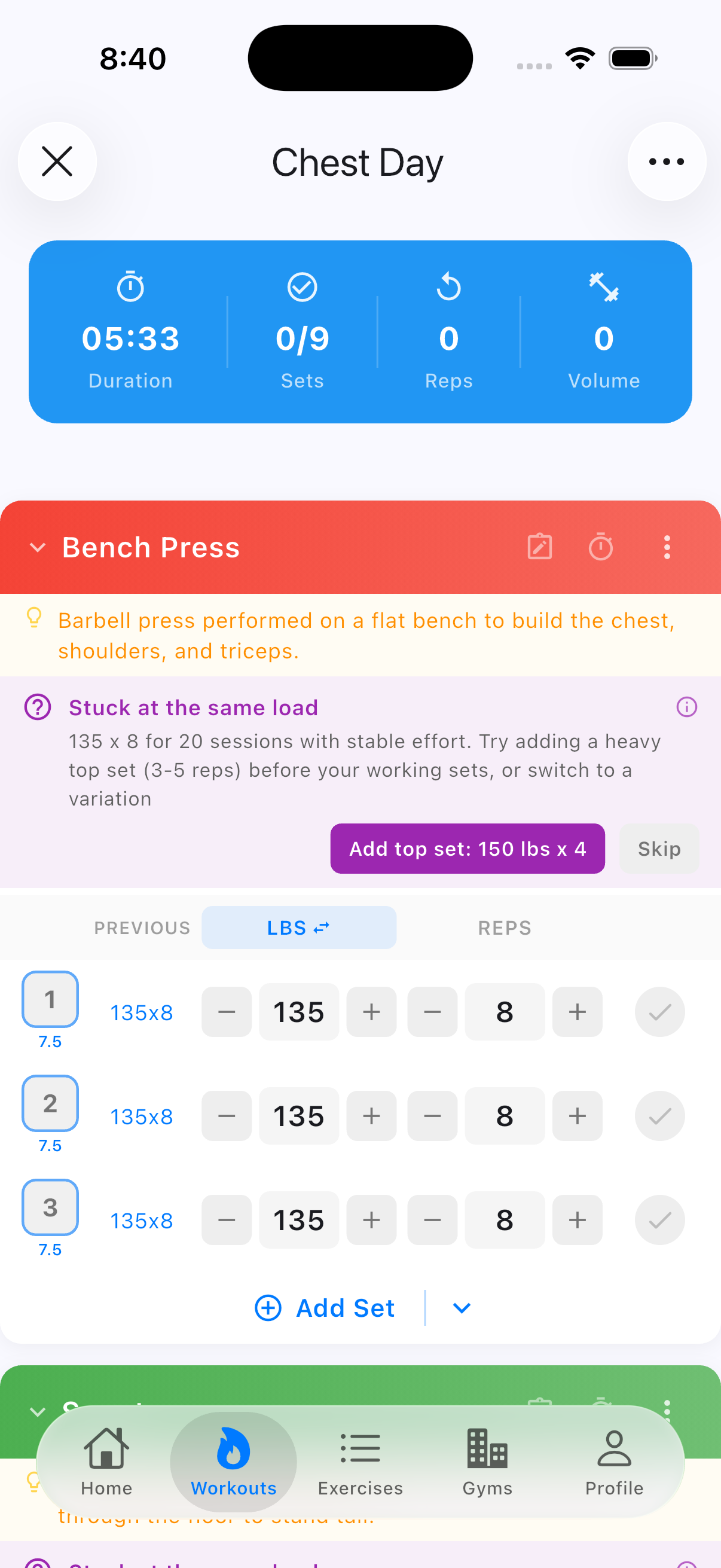Plates showing progressive overload suggestion on Bench Press