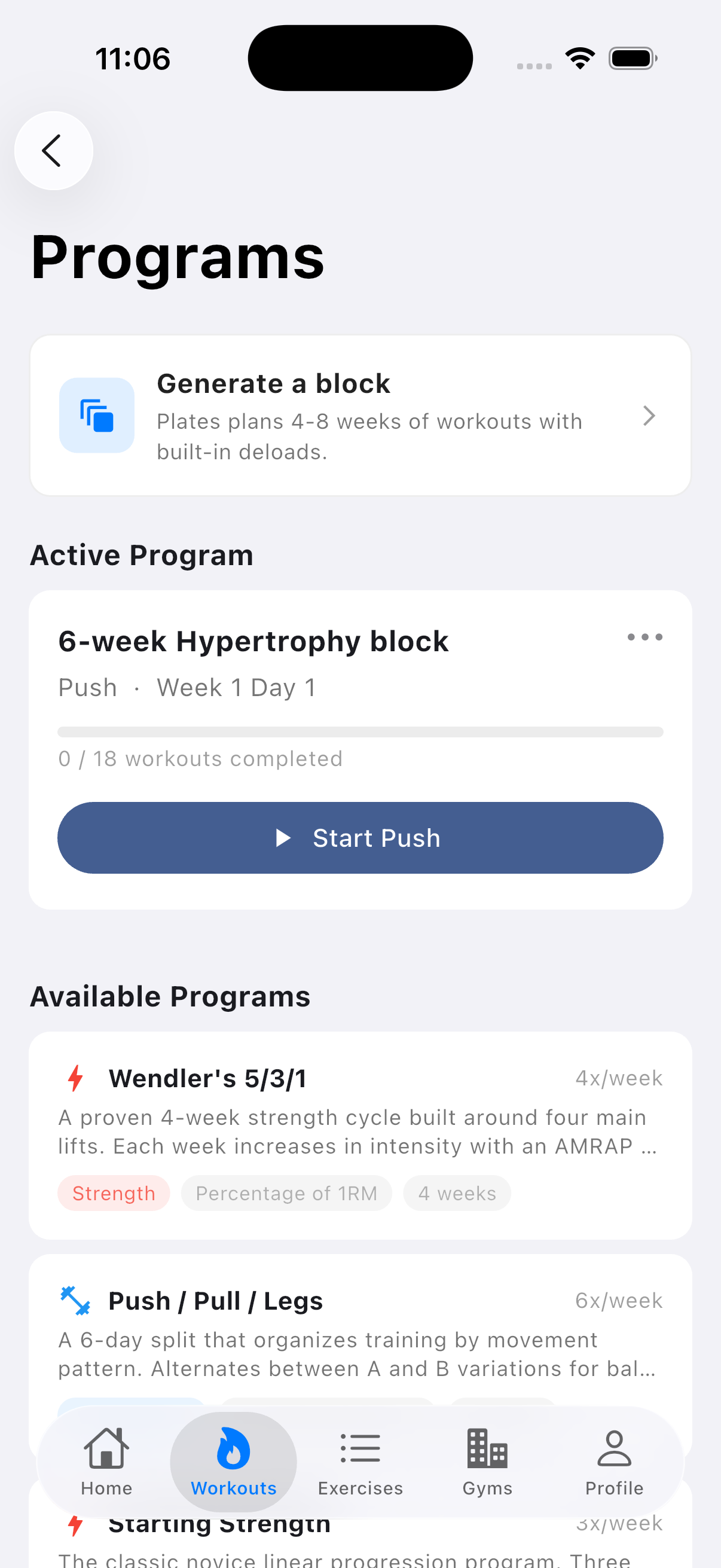 Programs screen showing active 6-week hypertrophy mesocycle