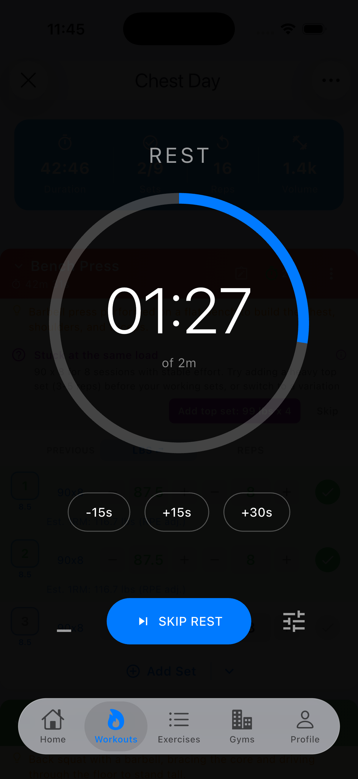 Fullscreen rest timer with circular progress ring and time adjustment buttons